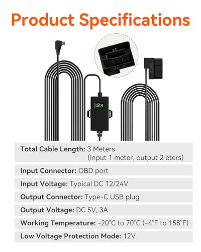 WOLFBOX Kit Hardwire USB C OBD + Protection Anti-Décharge Batterie + pour Dash Cams G840S G930 G910 G840H G850 G900 i07