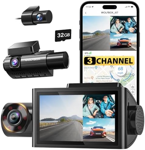 WOLFBOX i07 Dash Cam 3 Canaux 4K WiFi GPS, Triple Caméra Voiture 1440P+1080P+1080P Avant Arrière Intérieur, Vision Noctu