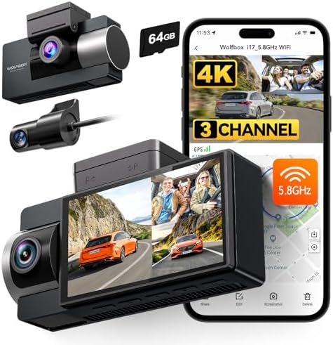WOLFBOX i17 4K Caméra Voiture 3 Canaux WiFi GPS 64GB Mode Parking 24H