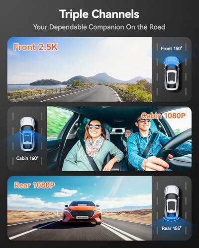 WOLFBOX i07 Dash Cam 3 Canaux 4K WiFi GPS, Triple Caméra Voiture 1440P+1080P+1080P Avant Arrière Intérieur, Vision Noctu