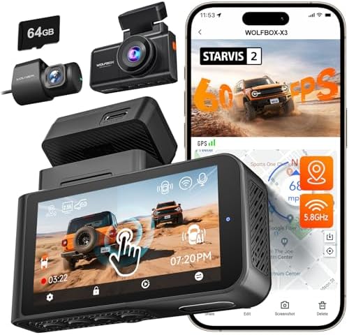WOLFBOX Starvis IMX675 X3 Caméra Embarquée |5K 60FPS Double Caméra Avant Arrière WiFi 5.8GHz GPS 64Go Écran Tactile