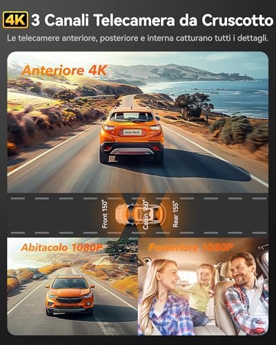 WOLFBOX i17 4K Caméra Voiture 3 Canaux WiFi GPS 64GB Mode Parking 24H
